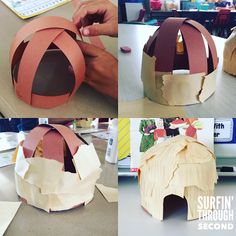 four different views of an origami house made out of paper and construction materials