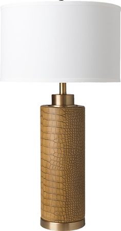 a gold lamp with a white shade on the top and bottom part of the lamp