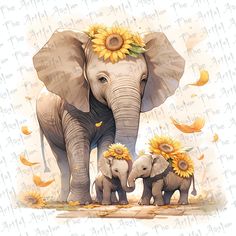 two elephants with sunflowers on their backs