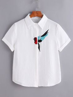 Bird Embroidered Hidden Button Placket Blouse | SHEIN USA Sewing Dresses For Women, Fabric Paint Shirt, Paint Shirts, Sleepwear Fashion, Diy Vetement, Embroidery On Clothes, Painted Clothes, Shirt Embroidery, Embroidered Clothes