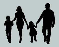 a family walking down the street with their child in hand silhouetted against a gray background