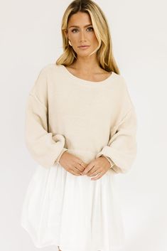 the perfect outfit all on its own, this mixed material sweater + dress combo is a zoco hunny essential. the top is a slouchy tan knit sweater that layers perfectly over a full + flowy white skirt. whether you dress it up or down, it’s guaranteed to cause some serious outfit envy. tan + white // scoop neckline, mixed fabric, drop shoulder, exposed seam detailing, pockets, lined model is 5'8" + wearing a small measurements are approximate + taken while laying flat xsmall : bust 40” length 32” smal Serious Outfit, Perfect Spring Outfit, Acrylic Fabric, White Skirt, Sweater Material, Mixing Fabrics, White Skirts, Spring Outfit, Perfect Outfit