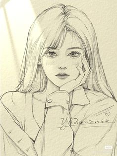 a pencil drawing of a girl with her hand on her face and looking at the camera