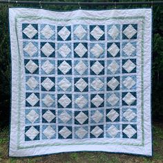 a blue and white quilt hanging on a clothes line in front of some bushes,