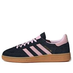 (WMNS) adidas Handball Spezial 'Black Clear Pink Gum' IE5897 Adidas Samba Womens, Preppy Pink Shoes, Black And Pink Adidas, Navy And Pink Adidas, Addidas Shoes Outfits Summer, Pink Aesthetic Shoes, Black And Pink Sambas, Sneakers Pink, Black And Pink Shoes