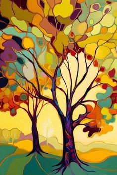 an abstract painting of a tree with colorful leaves