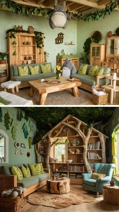 Step into a whimsical world with this enchanting Totoro-themed living room! Embrace nature-inspired decor, cozy wood accents, and adorable Totoro plushies to create a magical space that captures the essence of childhood wonder. Perfect for Studio Ghibli fans and lovers of unique, cozy home decor. #TotoroLivingRoom #StudioGhibli #CozyHomeDecor #NatureInspired #WhimsicalDesign Studio Ghibli House Interior, Forest Playroom Ideas, Ghibli House Decor, Ghibli Aesthetic Room Decor, Ghibli Home Aesthetic, Totoro Inspired Room, Totoro Themed Room, Studio Ghibli Furniture, Ghibli Interior Design