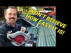 a man holding a circular saw next to a metal roof with the words won't believe how easy it is