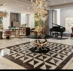 an elegant living room with chandelier, piano and marble flooring in it