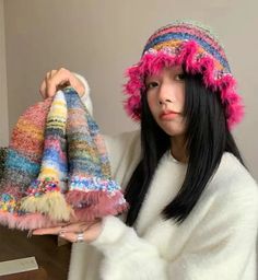 Rainbow Knitted Beanie Hat for Women Stringy Contrast Plush Ruffle Warmth Striped Oil Painting Women Bucket Hat, Knitted Beanies, Woolen Cap, Knitted Beanie Hat, Beanie Hats For Women, Bucket Cap, Knitted Beanie, Fisherman Hat, Knit Beanie Hat