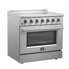 a stainless steel stove with four burners and one oven door open, on a white background