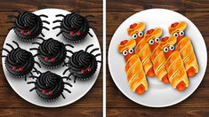 two plates with cupcakes decorated to look like spider's and one has black frosting on it