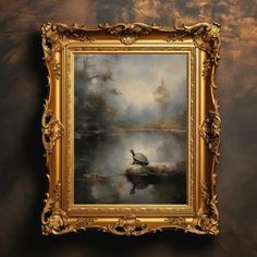 a painting hanging on the wall next to a wooden frame with a bird in it