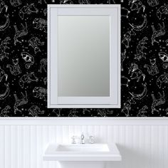 a white sink sitting under a bathroom mirror next to a wall mounted faucet