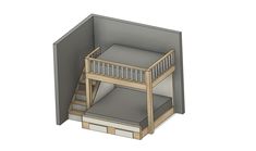 a wooden bunk bed with stairs and mattresses on the bottom level, viewed from above