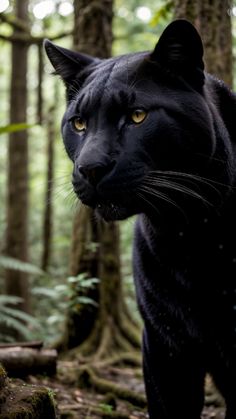 a black cat standing in the middle of a forest