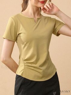 Lasaky - Stylish and Fitted Short Sleeve Athleisure Yoga Top - Ideal for Sports and Fitness Activities Khaki Crew Neck Top For Sports, Casual Moisture-wicking Top For Yoga, Casual Solid Color Sports Top, Casual Solid Tops For Gym, Casual Khaki Activewear For Workout, Casual Solid Tops For Sports, Khaki Casual Activewear For Sports, Casual Gym Tops, Casual T-shirt For Light Exercise