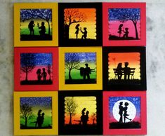 the silhouettes of people are painted on different colored squares with black and yellow frames