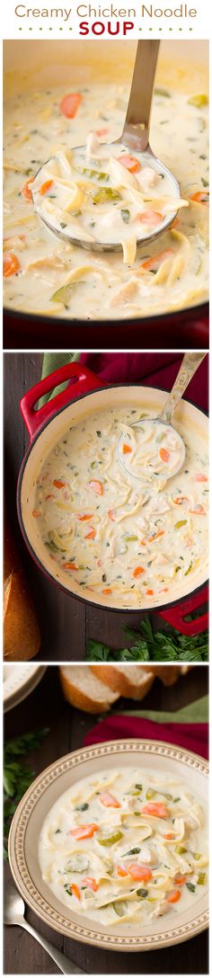 three different views of soup being cooked in a skillet