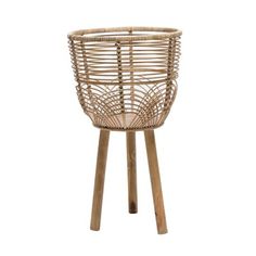 a small wooden stand with a basket on it's legs and the top section of the