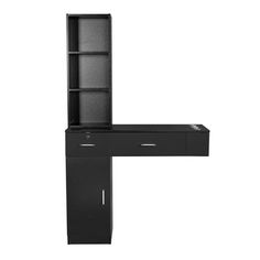 a black shelf with drawers and shelves on it's sides, in front of a white background