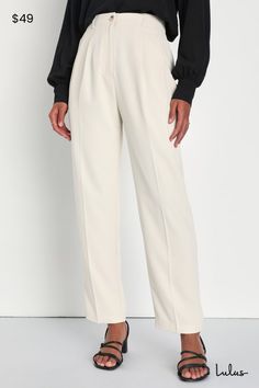 Leave everyone in awe of your posh presence in the Lulus Sophisticated Company Ivory Straight Leg Trouser Pants! These chic pants keep things classy with their flat woven composition and high-waisted fit, complete with belt loops, a tortoise top button-closure, and a hidden zip fly. The straight pant legs feature light pleating, side seam pockets, and decorative welt pockets at back before ending at tailored, ankle-length hems. Elastic at back for fit. Fit: This garment fits true to size. Length Elegant Cream Ankle-length Pants, Formal Cream Wide-leg Bottoms, Elegant Cream Bottoms For Workwear, Elegant Cream Bottoms For Work, Elegant Formal Dress Pants With Elastic Waistband, Elegant Beige Pants With Elastic Waistband, Elegant Cream Ankle-length Bottoms, Cream Pants With Elastic Waistband For Work, Chic Cream Dress Pants For Work