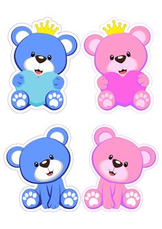 four different colored teddy bears with crowns on their heads and paws, all in the same color