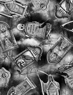 a black and white image of halloween tombstones with skulls on them in the sky