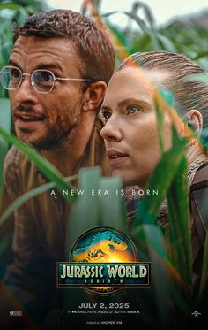 the movie poster for the upcoming film, jubasic world with two people looking at each other