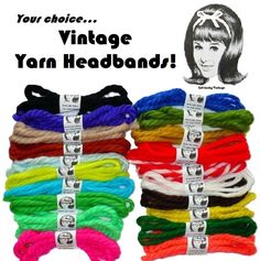 Authentic vintage yarn headbands from the '60s and '70s. New old manufacturer's store stock. See our other listings for pairs of ponytail ties in different colors and larger bundled options.  * Each self-tie headband is approximately 48 inches long  * Order each color individually.  * Use the dropdown menu when making your color choice Individual colors:  1. Inky Black 2. Grape Purple (my monitor makes this look blue, but this is PURPLE!) 3. Beach Sand Tan 4. Pumpkin Spice/Rust 5. Pale Light Blu 1960s Hair Headband, 80s Headbands, Yarn Headbands, 1970s Headband, 70’s Accessories Crochet, Hair Tie Ribbon, 90s Zigzag Headband, Tie Ribbon, School Halloween