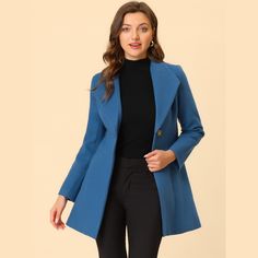 An elegant overcoat covered in a turn-down collar and full placket offers a charming look for day or night. Solid color and a turn-down collar bring casual elegance to a long-sleeved winter coat. Suitable for Casual, Business, Work, Dating, Weekend, Party, and Daily Wear. This classic winter mid-long overcoat is stylish and comfortable to wear, which is an essential overcoat for every modern woman and girl. Perfectly pair it with pants for a warm and business casual look, and style it with a lon Blue Wool Coat With Button Closure For Business, Blue Chic Peacoat With Button Closure, Elegant Blue Long Sleeve Wool Coat, Elegant Blue Wool Coat With Button Closure, Elegant Blue Double-breasted Wool Coat, Long Overcoat, Long Winter Coats, Weekend Party, Business Work