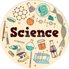 the word science surrounded by different types of laboratory equipment in a circular frame with icons