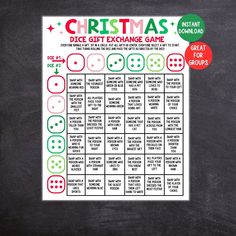 a christmas dice gift exchange game on a chalkboard with red and green stickers