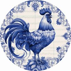 a blue and white plate with a rooster on it