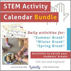 Keep students engaged all year long with this bundle of STEM activities for every school break! Each STEM calendar includes daily science, engineering, and math challenges! Get them up, outside, and exploring the world! Students will build a bird feeder, make a lava lamp, cook with fractions, and so much more! Inclues spring break, summer break, and winter break caleandrs. Stem Activities Middle School, Stem Lesson Plans, Winter Break Activities, Homeschool Stem, Stem Activities Preschool, Activity Calendar, Preschool Stem, Stem Lab, Stem Lesson