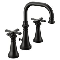 two black faucets with cross handles and nozzles on the sides, one is