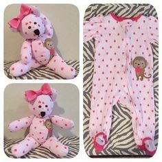 three pictures of a pink teddy bear with polka dots on it's body and feet