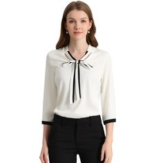 Allegra K Women's Elegant Chiffon Blouse Bow Tie V Neck 3/4 Sleeve Work Office Shirt. This soft chiffon fabric shirt drapes beautifully and ensures you stay comfy all-day long. The tie neck adds office-inspired sophistication, while soft fabric gives it an elegant and feminine shape. Stylish Bow tie v neck blouse from Allegra K is a perfect choice for work, office and daily wear. Simple and delicate, this blouse features bow tie neck, 3/4 sleeve with contrast trim. This nice and neat blouse give Women Office Blouse, Women's Office, Office Blouse, Bow Tie Blouse, Womens Office, Office Chic, The Office Shirts, Elegant Blouses, Work Wear Women