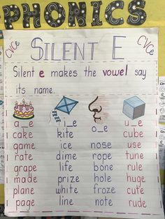 a piece of paper with writing on it that says, silent e makes the novel say