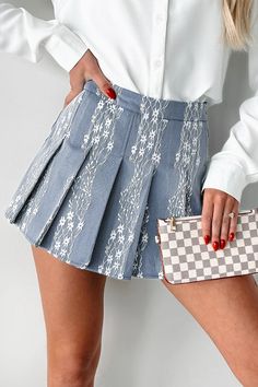 Flirty Concepts Pleated Lace Mini Skort (Blue Denim) · NanaMacs Graphic Dress, Denim And Lace, Basic Dress, Short Mini Dress, Basic Tops, Airport Outfit, Cutout Dress, Threading, Dress First