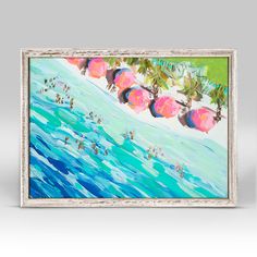 an oil painting of people swimming in the ocean with palm trees and umbrellas above them