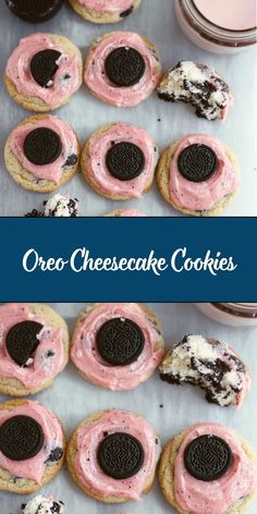 oreo cheesecake cookies with pink frosting and oreos on top