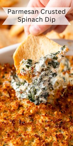 spinach dip being lifted from a white bowl with bread in it and text overlay that reads parmesan crusted spinach dip