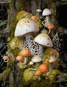 mushrooms and moss growing on the side of a tree stump