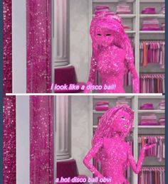 a woman in pink glitter clothes standing next to a book shelf filled with lots of books