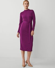 The quintessential style that pulls it all together, our belted column knit midi dress is enhanced with polished button detail. Mock neck. Long sleeves with button cuffs. Self tie belt. Shoulder button placket.,Hit:31 1/2" from natural waist,Imported:Imported,Fit:Hits at mid-calf,Length:31 1/2" from natural waist,Fabrication:Shell: 65% Modal, 28% Viscose, 7% Spandex; Lining: 65% Modal, 28% Viscose, 7% Spandex,Garment Care:Machine Washable Mock Neck Belted Column Knit Midi Dress by Ann Taylor Siz Ann Taylor Petite, Blazer And Skirt, Mock Neck Long Sleeve, Long Sleeve Dresses, Sleepwear & Loungewear, Knit Midi, Knit Midi Dress, Sleeve Dresses, Petite Fashion