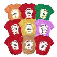 six t - shirts with labels on them that say honeybird sauce and they are all different colors