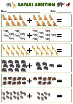 the safari addition worksheet is filled with animals