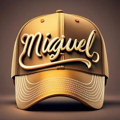 a gold baseball cap with the word miguel on it