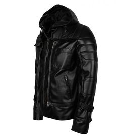 Edgy Hooded Leather Jacket For Streetwear, Black Leather Jacket For Costume Events In Fall, Black Biker Hooded Jacket For Streetwear, Cyberpunk Hooded Jacket With Detachable Hood For Fall, Black Leather Jacket For Cosplay In Fall, Black Biker Jacket With Detachable Hood For Streetwear, Urban Winter Outerwear For Cosplay, Urban Style Winter Outerwear For Cosplay, Black Leather Jacket For Fall Cosplay